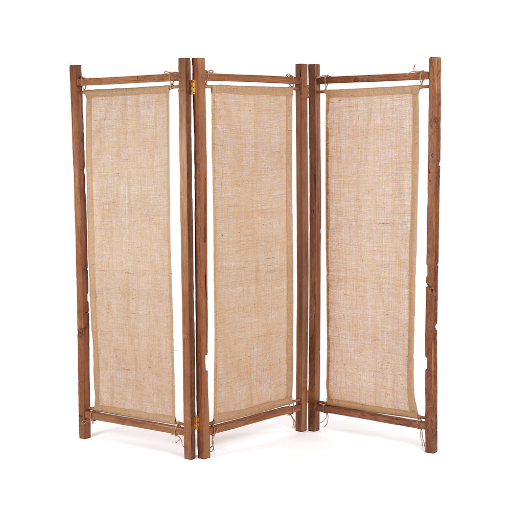 A foldable room divider with three panels, crafted from jute and reclaimed teak framing.