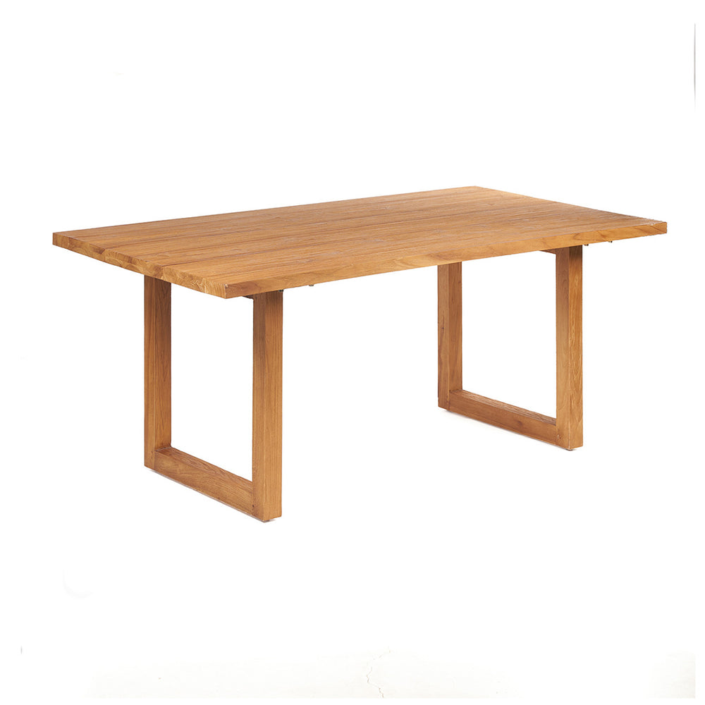 A wooden garden table featuring U-frame legs and a minimalist slatted tabletop, crafted from natural teak.
