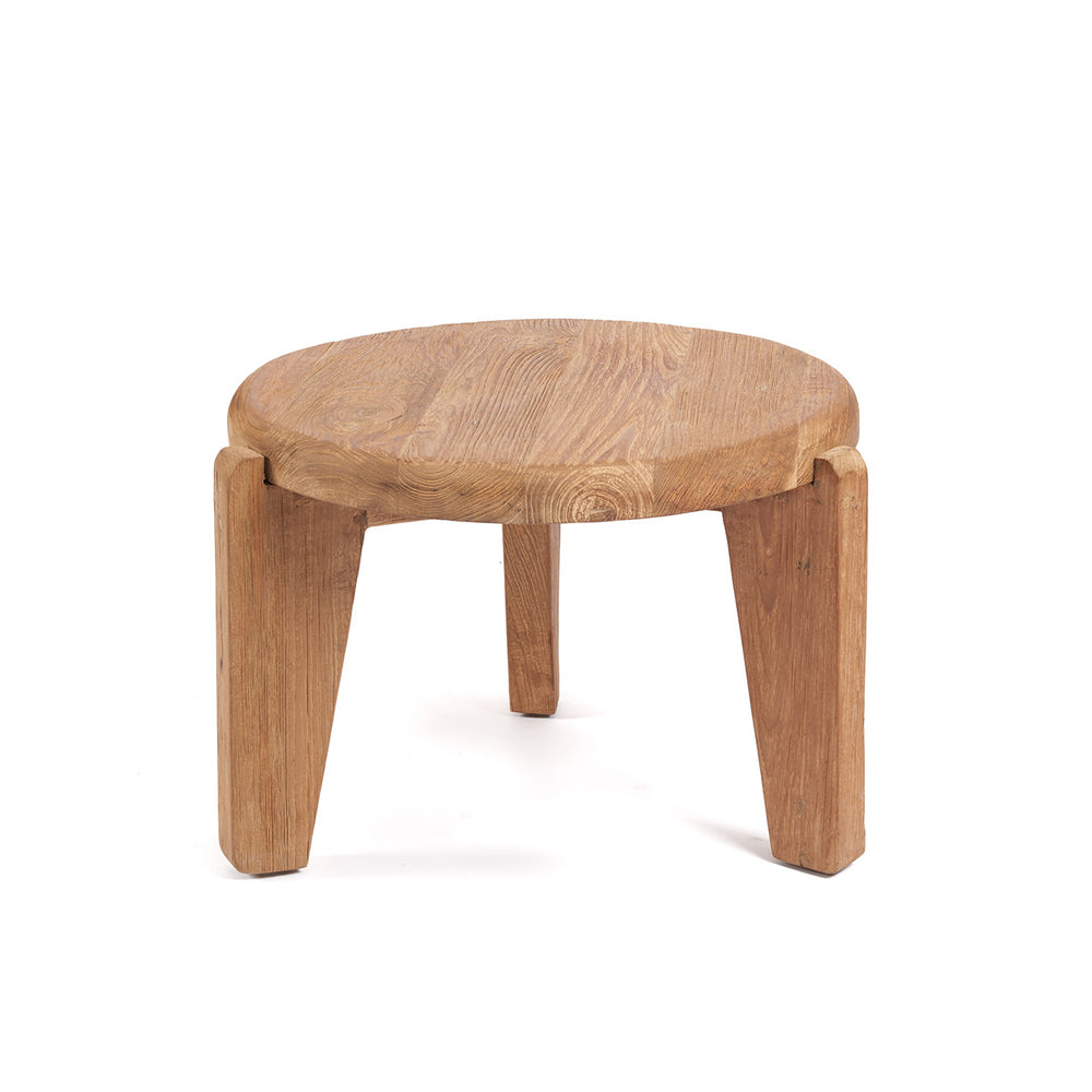 A low tripod wood coffee table with a solid circular top and three sturdy legs.