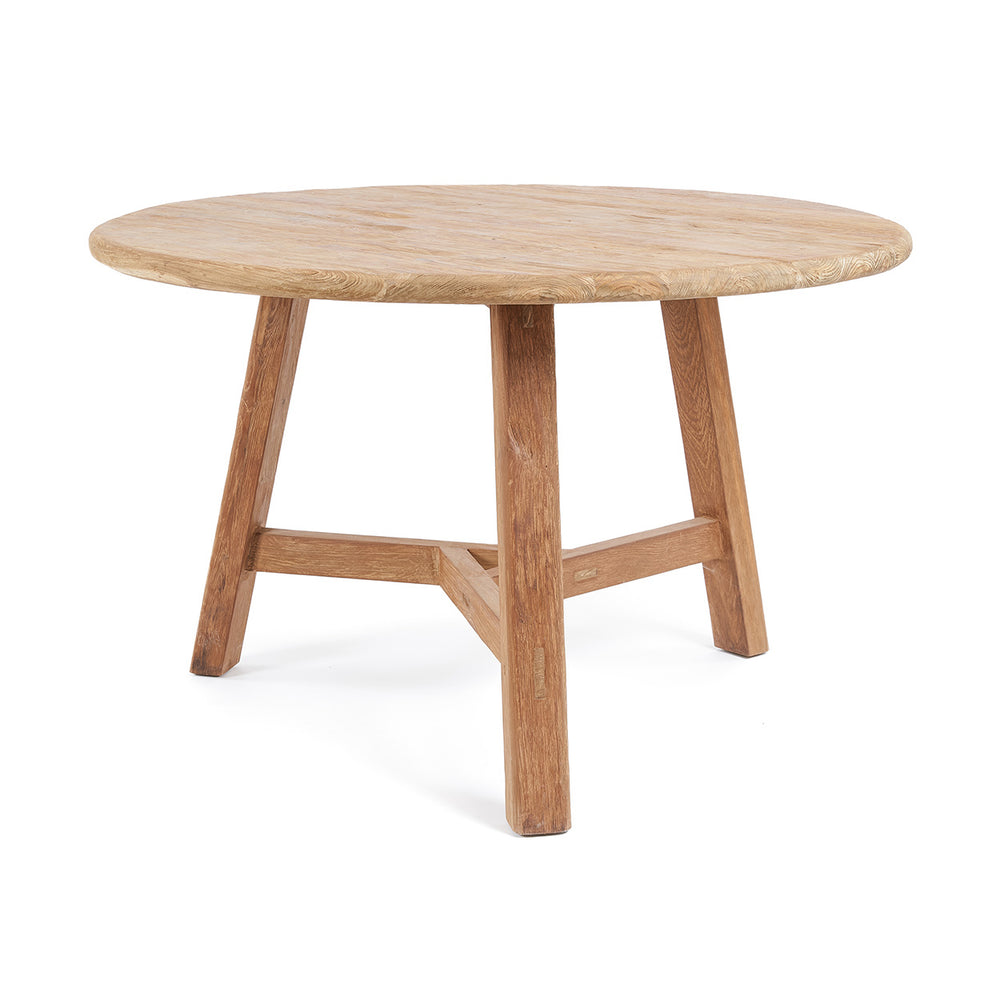 A 4 seater round dining table combined with raw wood texture and a three-legged tripod base.