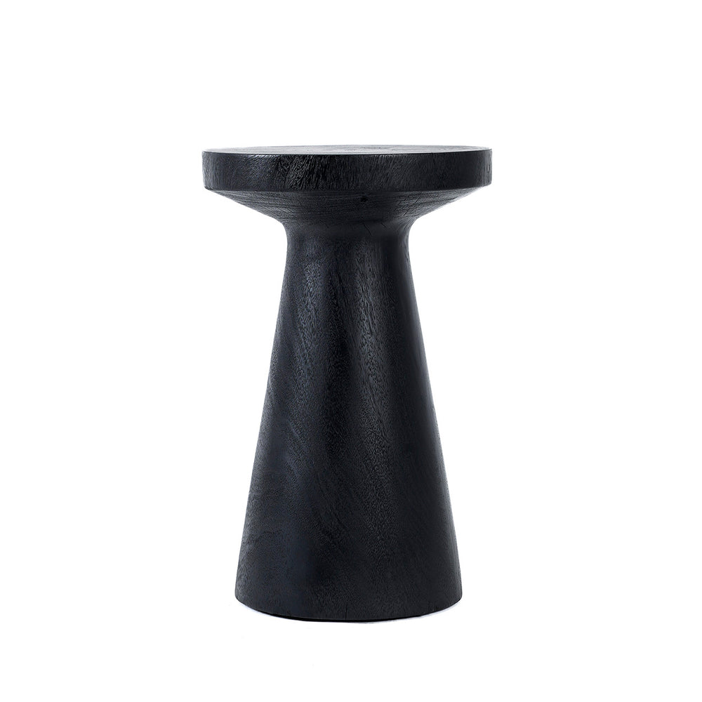 A sleek black side table with a rounded tabletop and graceful pedestal silhouette.