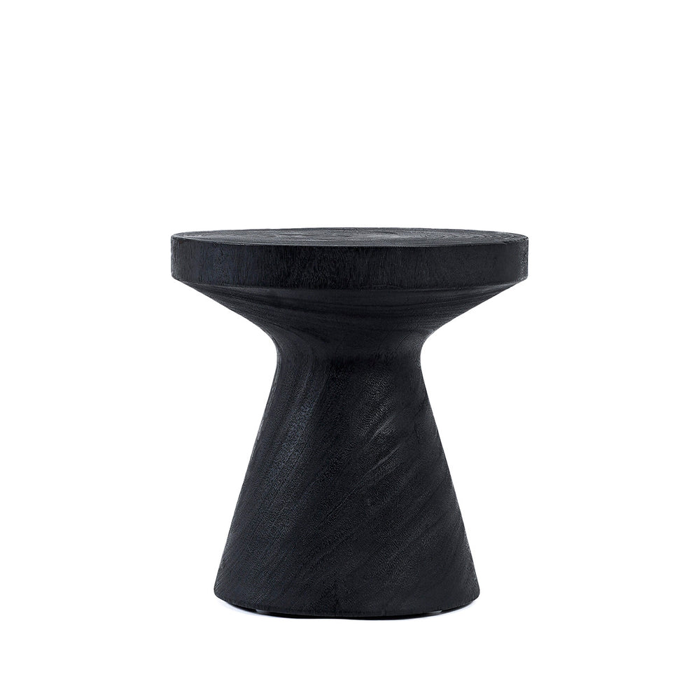 A modern black hourglass side table with a flat circular top.