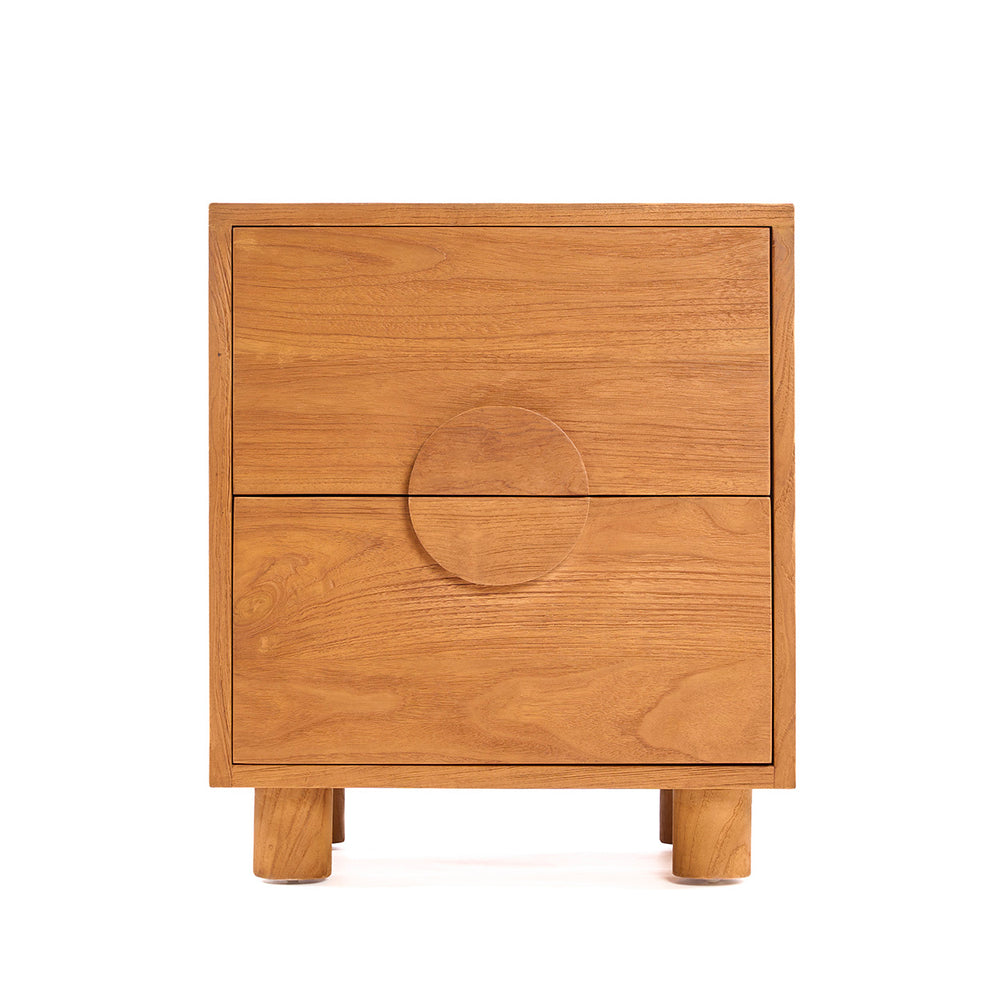 A teak wood nightstand 2 drawers with round handle and natural matte finish.