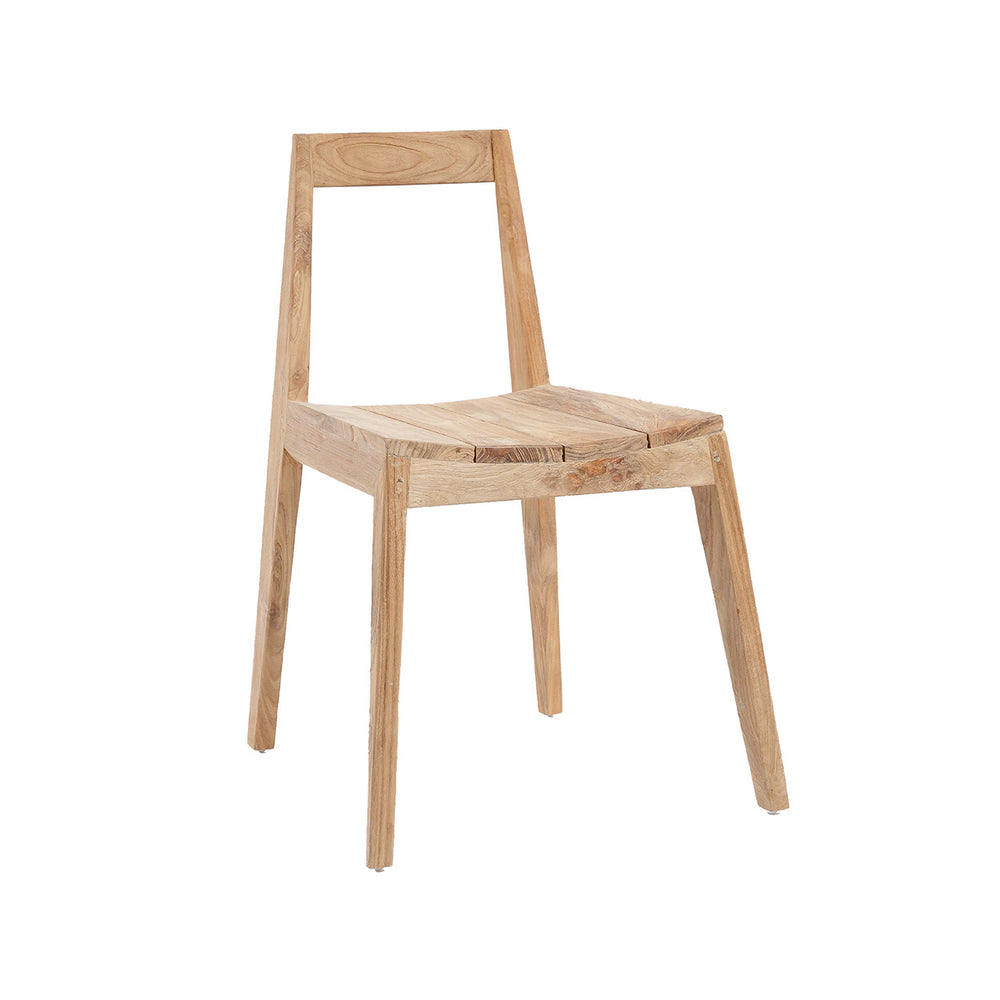 A slatted wood patio dining chair with a gracefully curved backrest and natural hue.