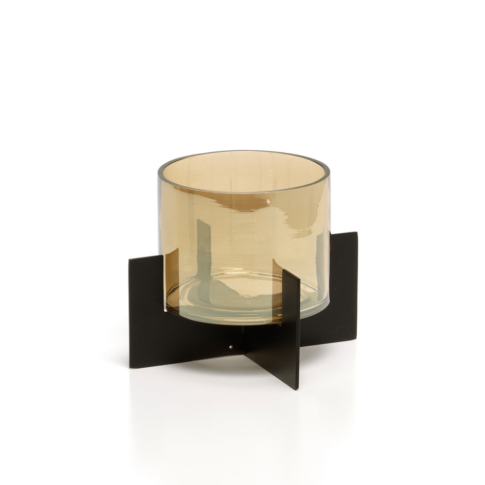 Low hurricane candle holder in a sleek black design, perfect for table settings and cozy decor.