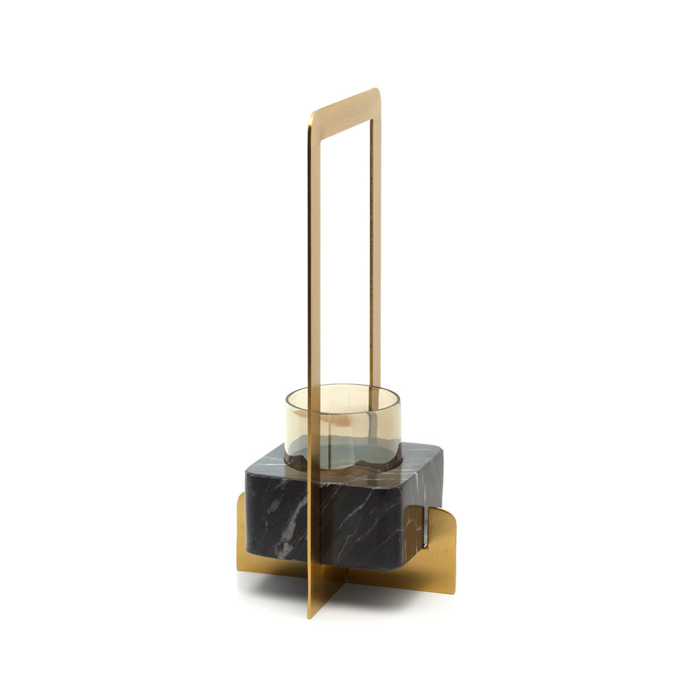 Luxury marble candle holder in gold and black, designed as a large art deco centerpiece.