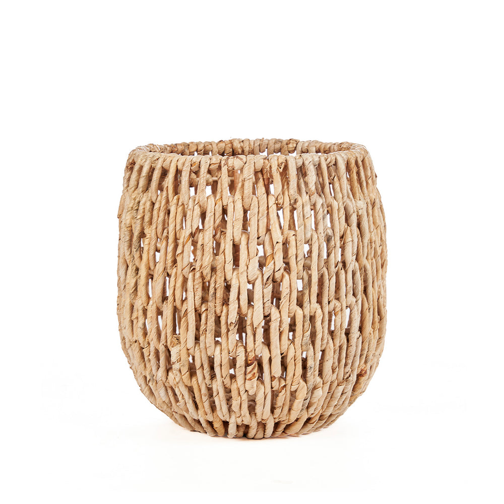 A large wicker basket with a wide opening and vertical loop design.