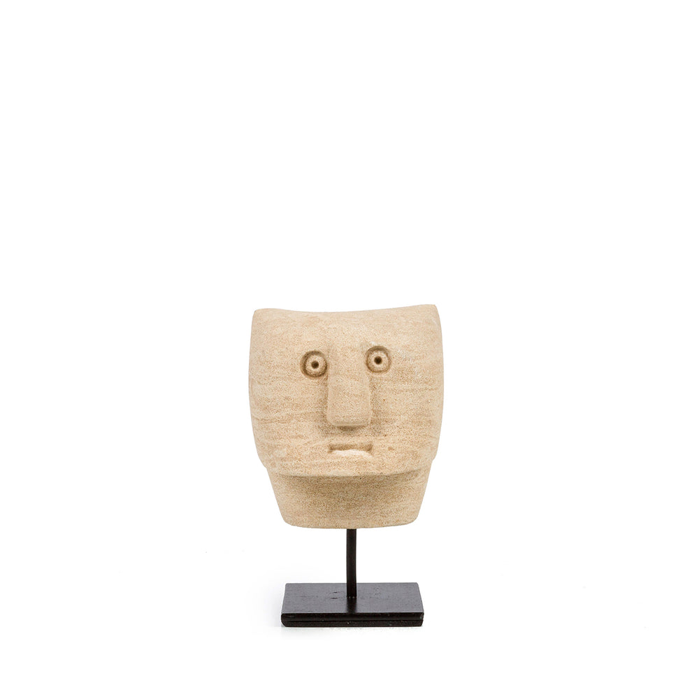 Decorative ethnic figurine on stand from sandstone in natural tone, handcarved in Indonesia.