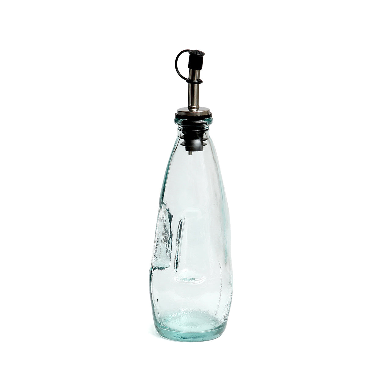 Oil dispenser with subtle blue tint, handmade from recycled glass.