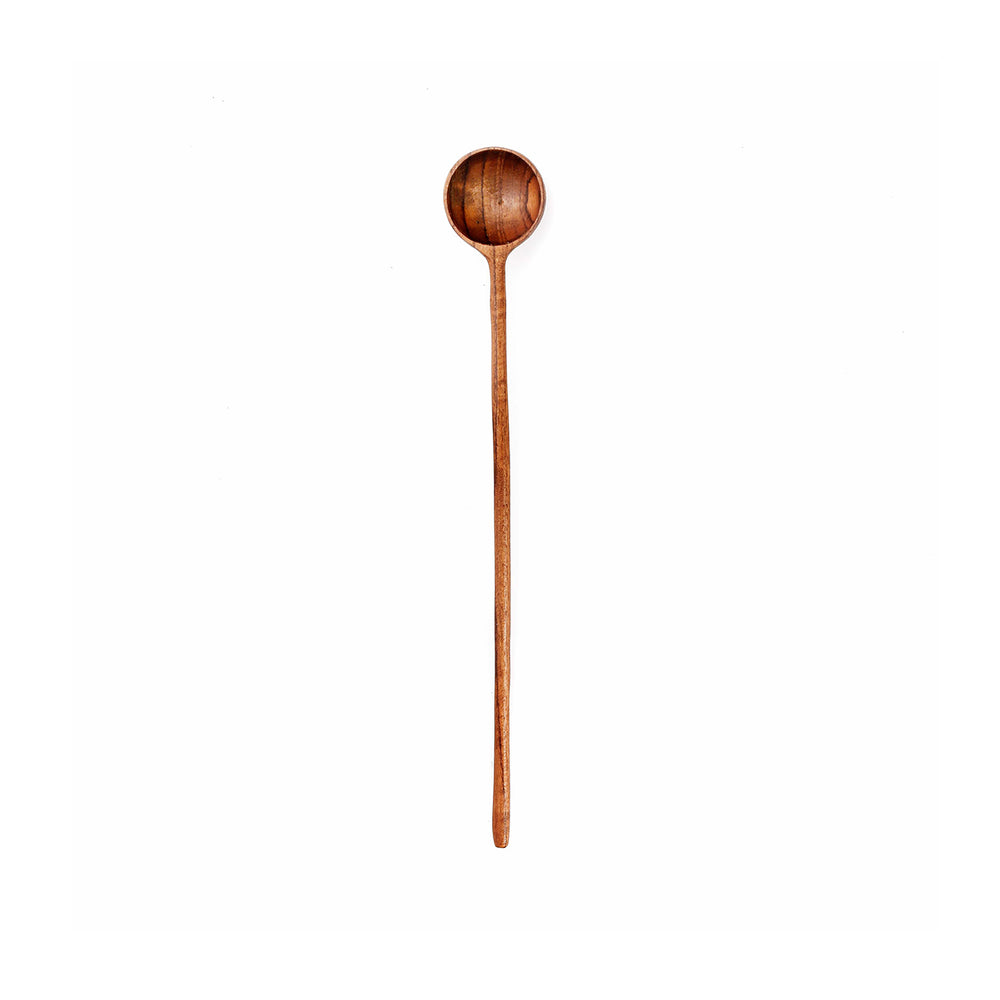 Wooden measuring spoon with long handle, made from teak wood and enriched with natural tone.