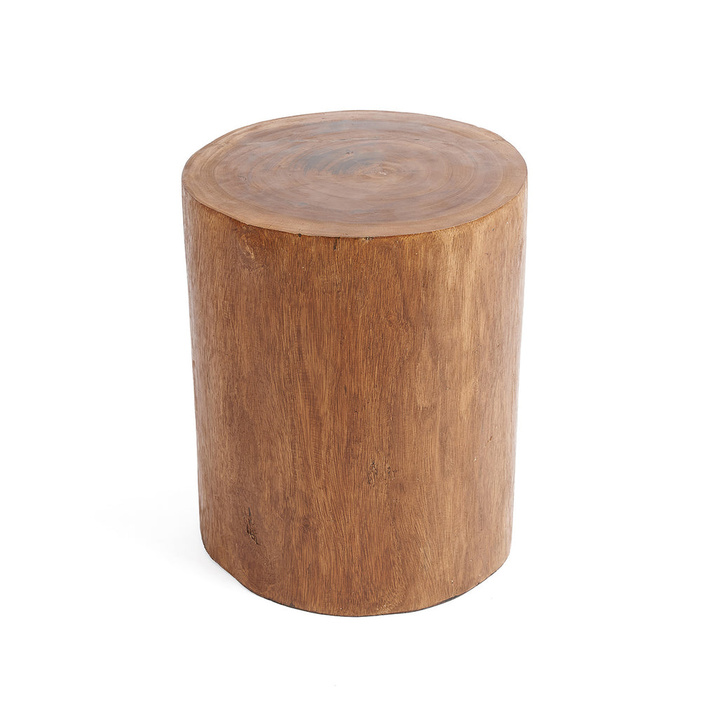 A cylinder timber stool with natural wood grain and a brown honeyed hue.
