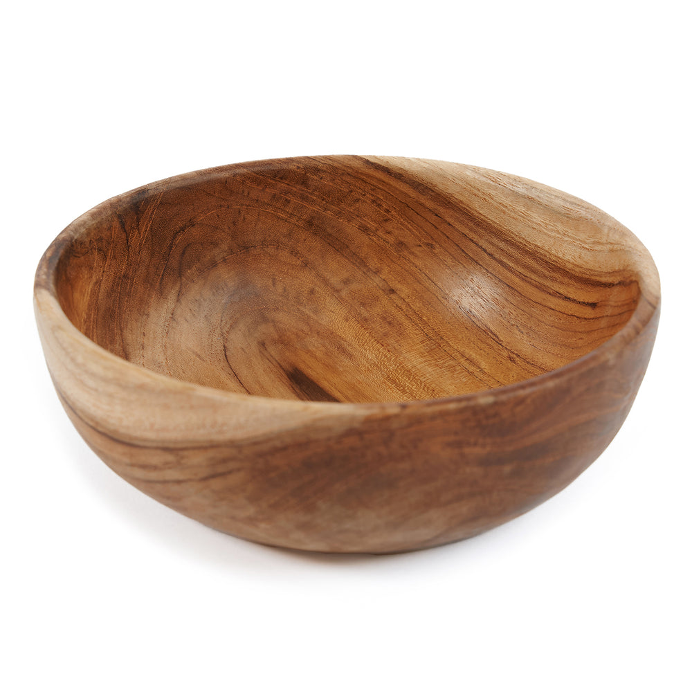 A decorative teak snack bowl in a rounded form with natural teak grain patterns.