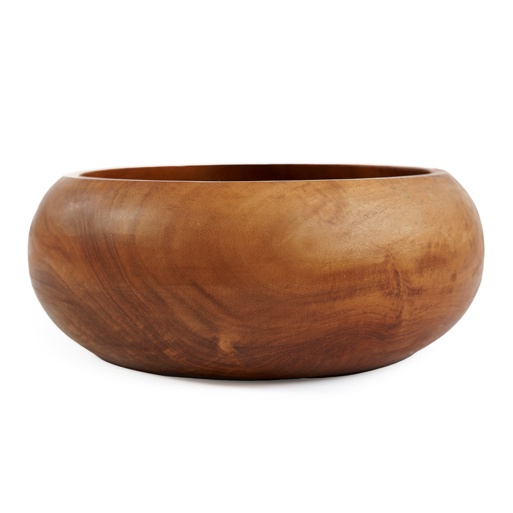 A wooden bowl for kitchen island with a round, full-bellied silhouette and a natural teak wood hue.