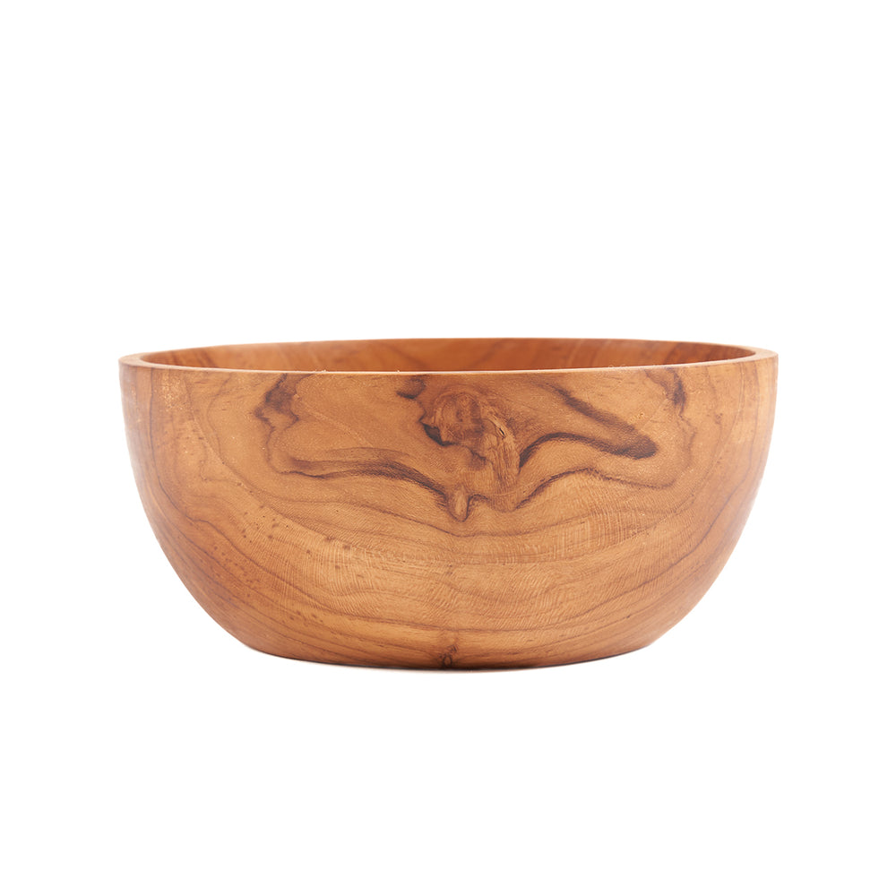A hand-turned wooden serving bowl for snacks and fruit, showcasing rich natural grain lines and a wide, generous open form.