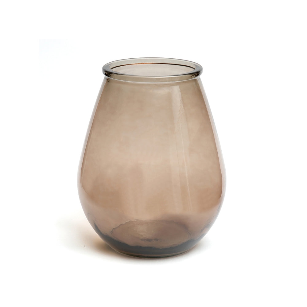 A large round glass vase with a teardrop silhouette, finished in a warm beige tone.