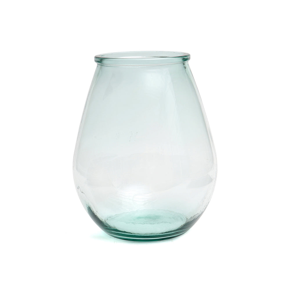 A light blue glass vase with a sweeping teardrop body, made from recycled glass.