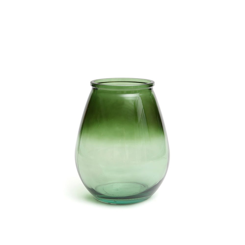 A glossy green vase for any space in a gradient tone, handmade in Spain from recycled glass.