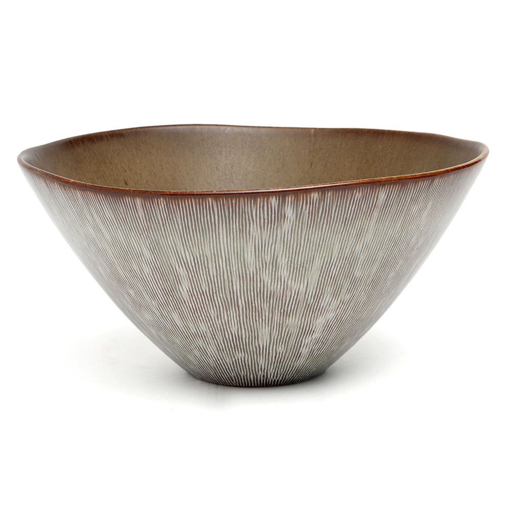 A textured stoneware bowl with a crackle glaze and circular rim.