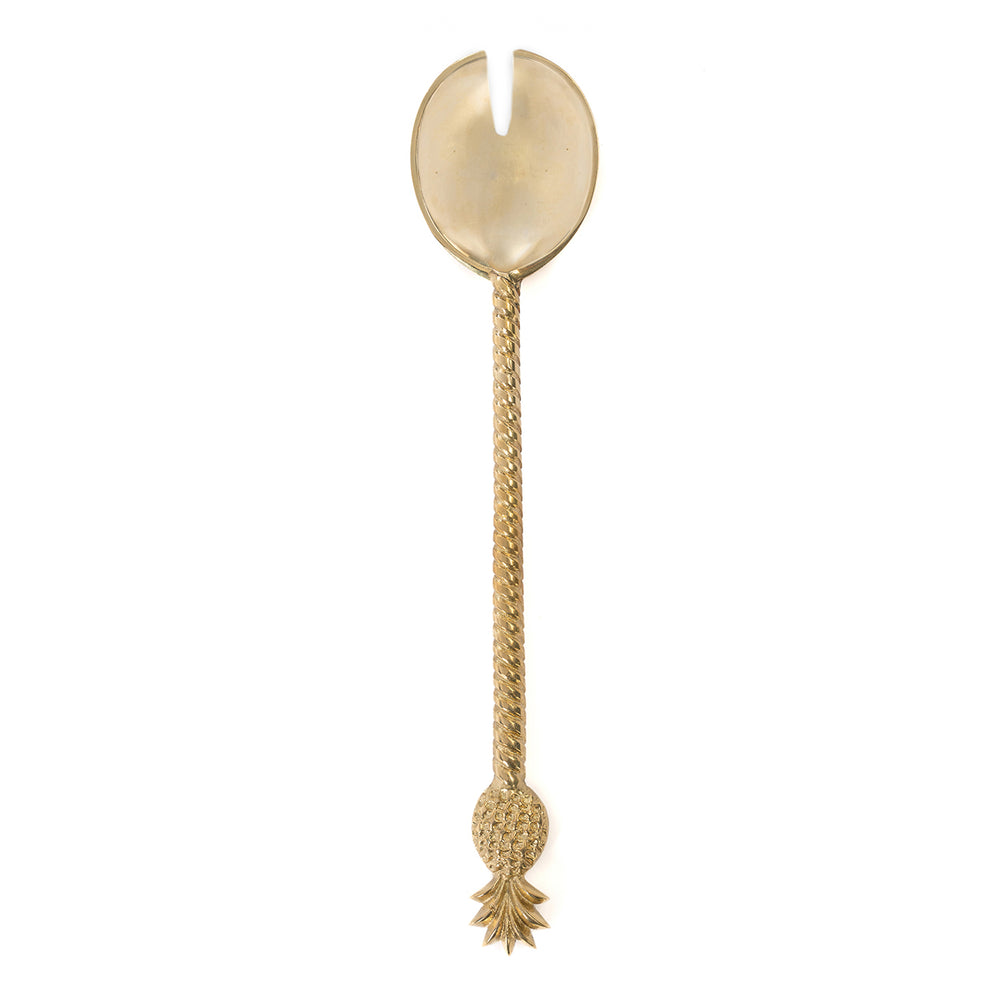 A gold salad fork with golden hue and pineapple decoration, adding unique touch for everyday serving.