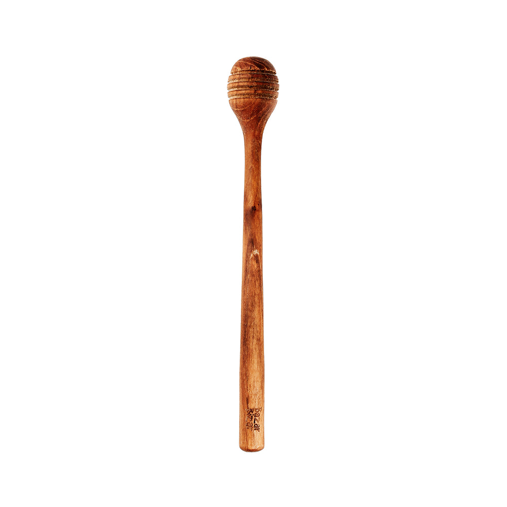 Honey roller stick for jar in natural tone with long handle and bulbous head, handcarved from teak wood.