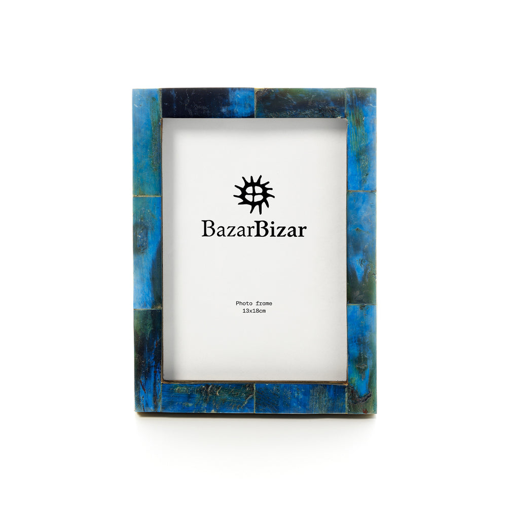 Patchwork photo frame 13x18 in turquoise, handcrafted from buffalo bone for durability and style.