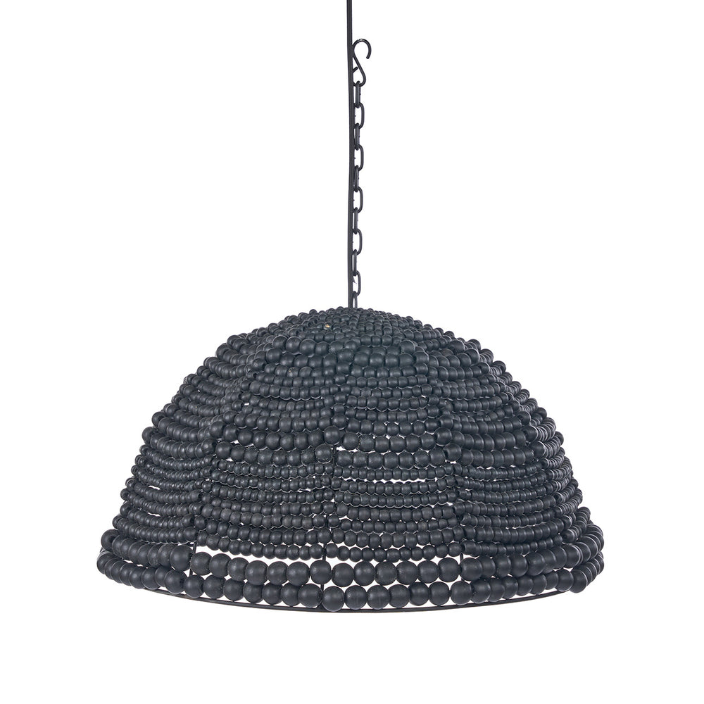 Black decorative pendant light with sculptural wood bead dome, handcrafted in Indonesia.
