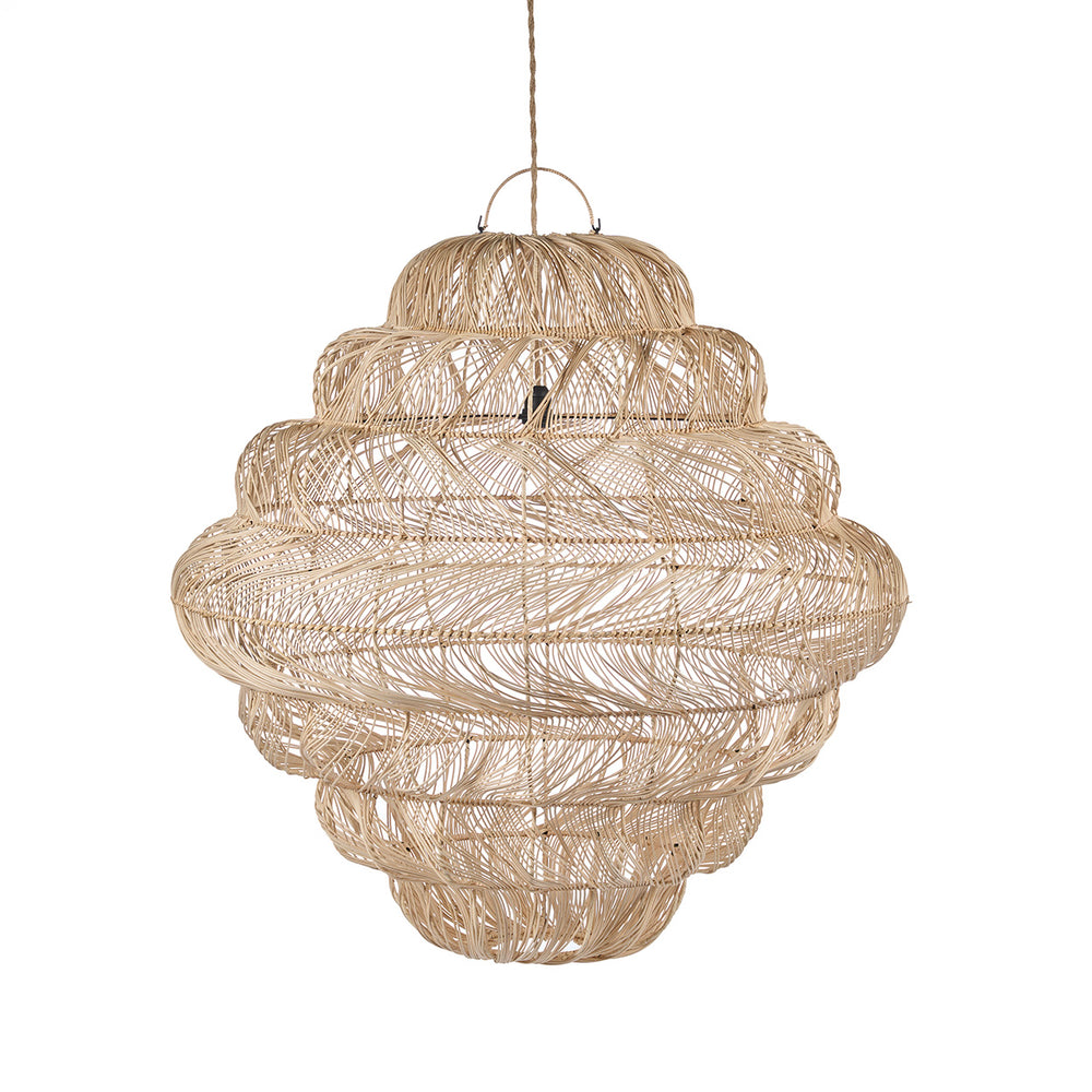 XL puff pendant lamp in natural rattan with sculptural layered shape.