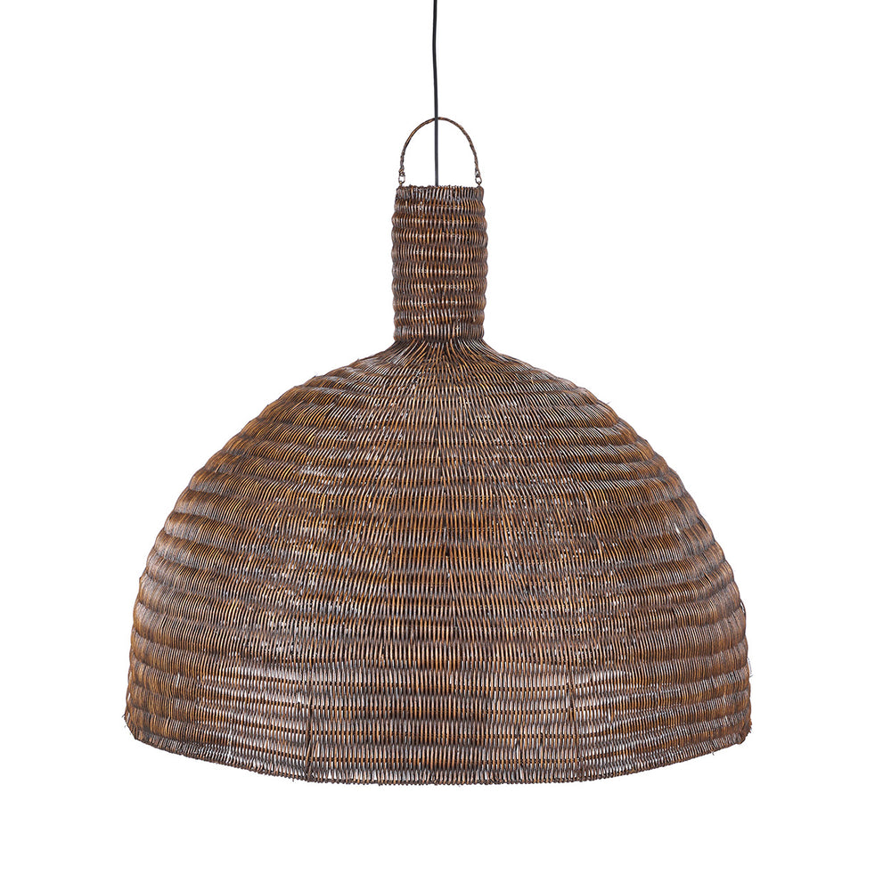 This dome pendant lamp in dark walnut rattan is XL in scale and handwoven with artisanal detail.