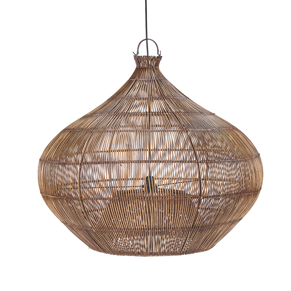 Dark walnut ceiling light handmade from natural rattan with sculptural form.