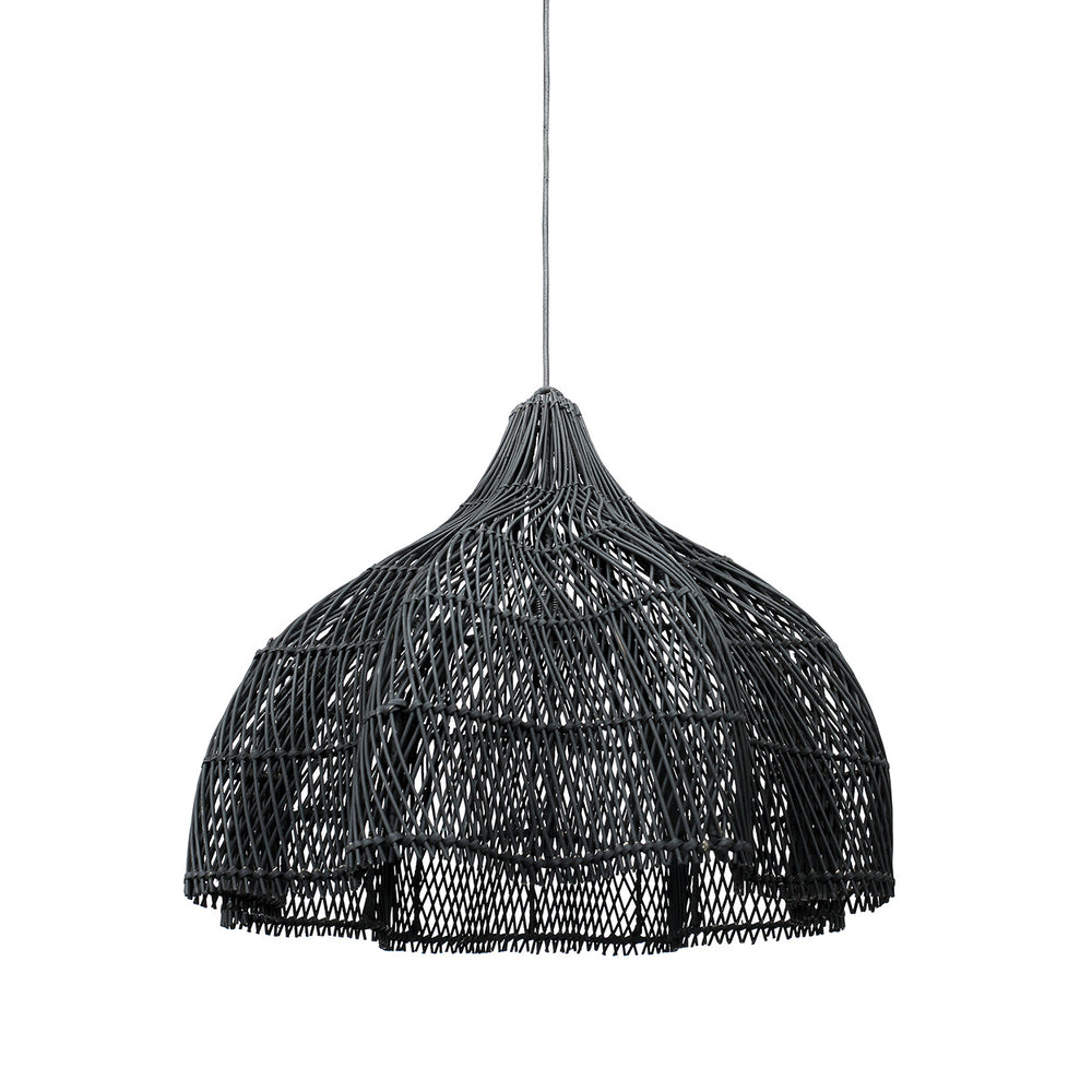 A medium black pendant light shade handwoven from rattan, bringing dramatic depth and bold architectural structure to any interior.