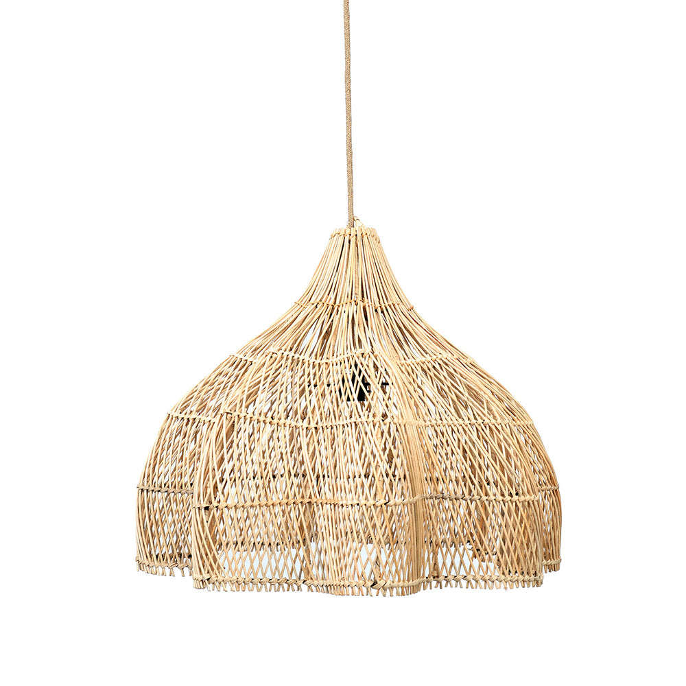Handwoven pendant light fixture in medium size and natural tone, ideal for dining rooms or a cozy reading area.