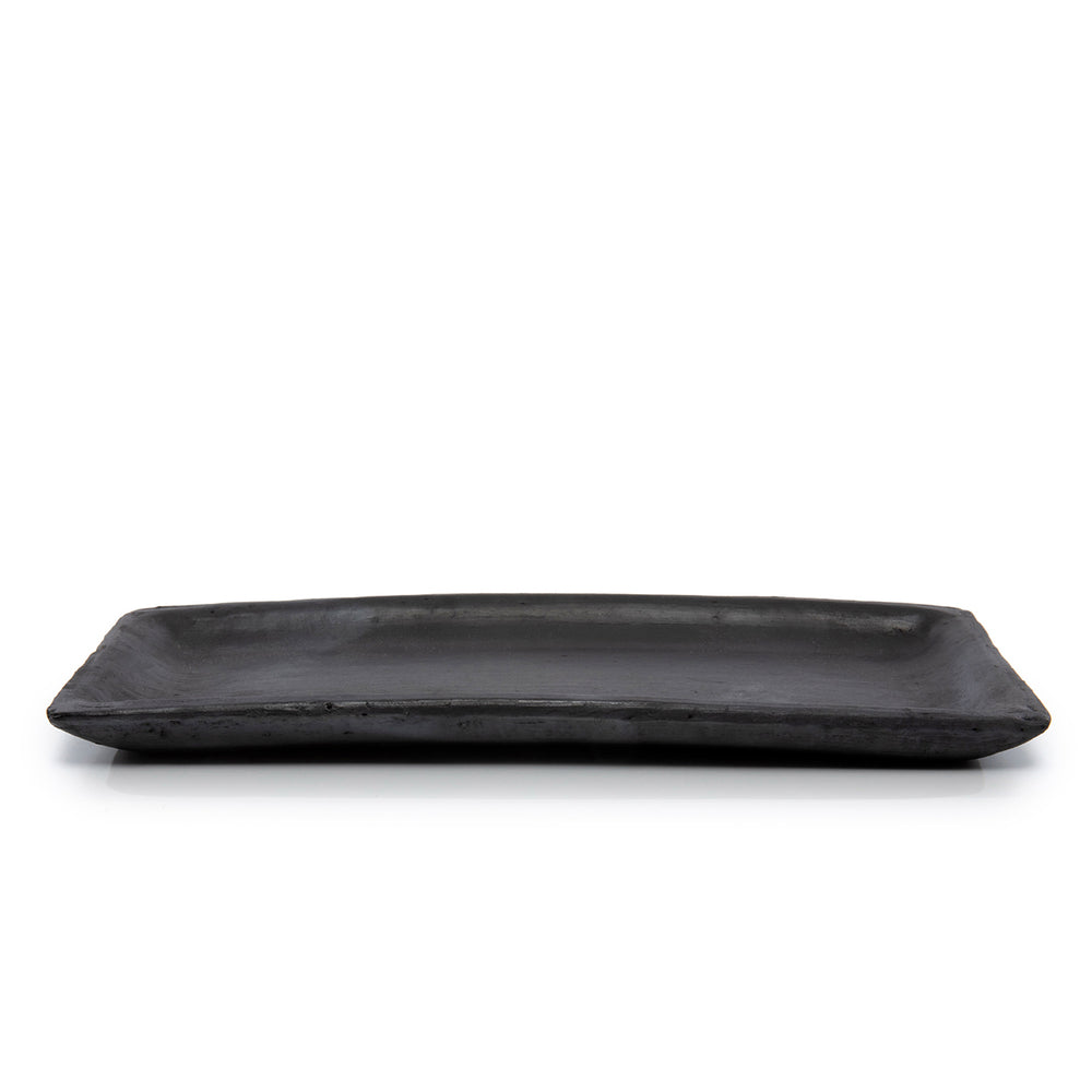 A handmade sushi plate in black medium size, handmade terracotta dinnerware with rectangular design.