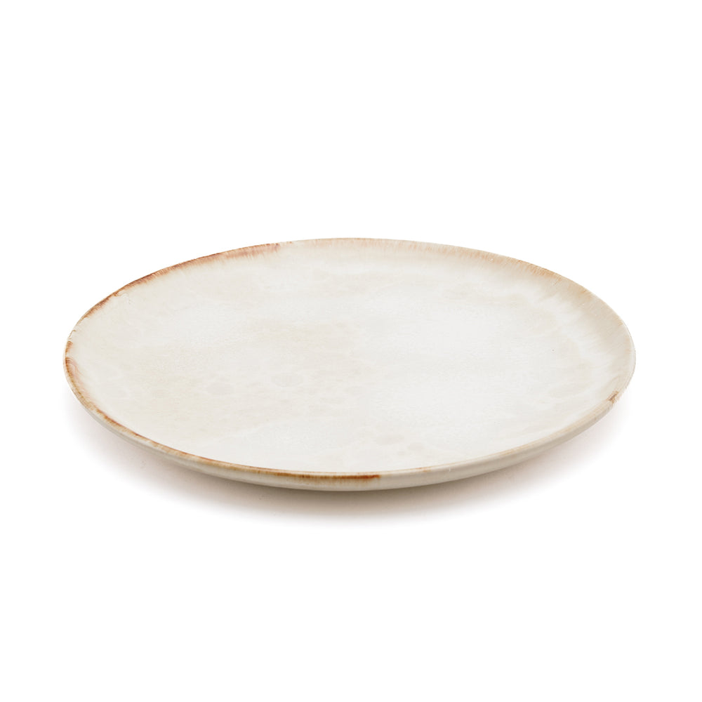 A salad plate with brown rim in white color and medium size, handmade from stoneware in Portugal.