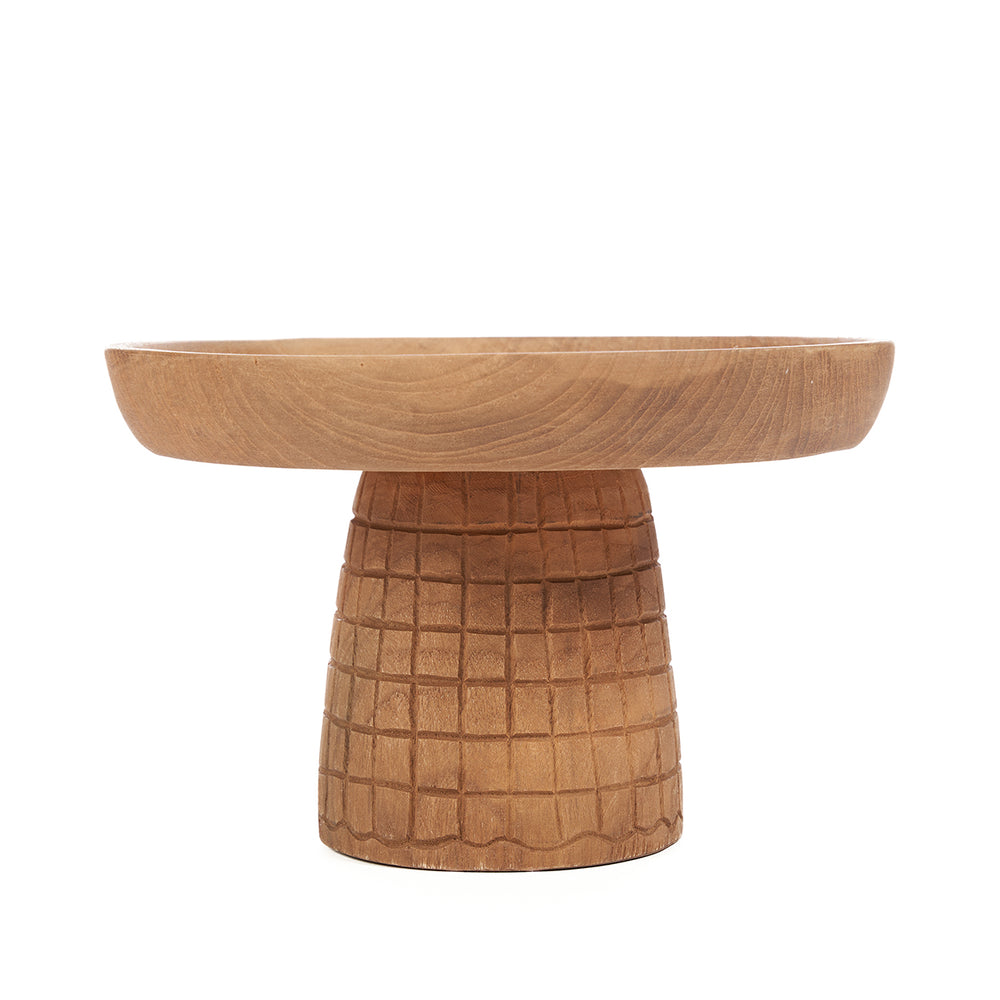 A wooden cake dish pedestal crafted from teak wood, featuring a square pattern on the pedestal base.