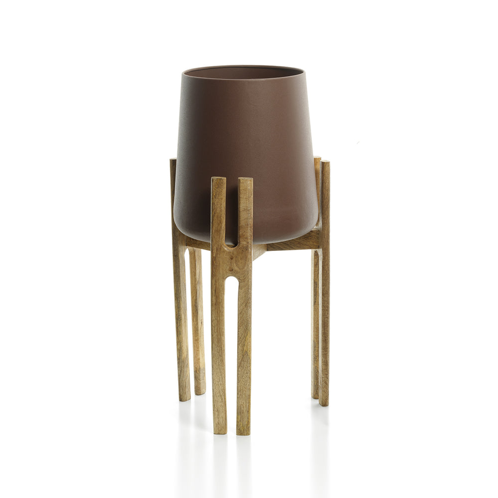 A planter with a stand in natural brown colour, shown in a large size.