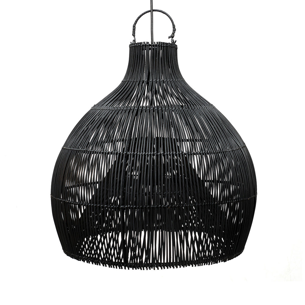 A black lamp shade in large size, made from natural rattan, utilizes a distinct vertical alignment pattern.