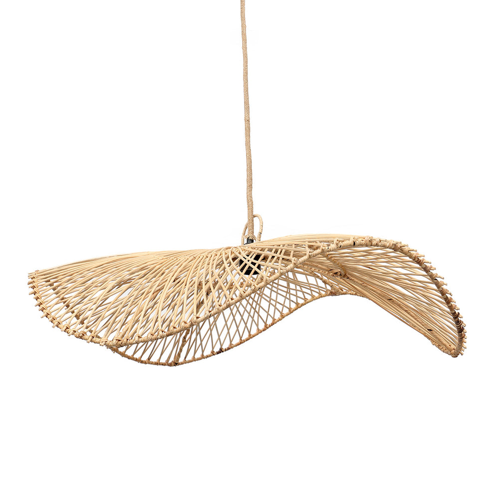 A wicker pendant light in a classic hat shape with natural tone, embellished with radial lattice pattern.