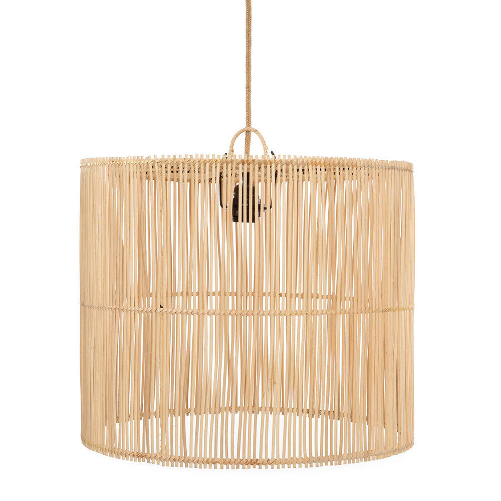 A hanging lamp shade that reveals an exquisite concentric arrangement of rattan rods, bound with quiet artisanal precision.
