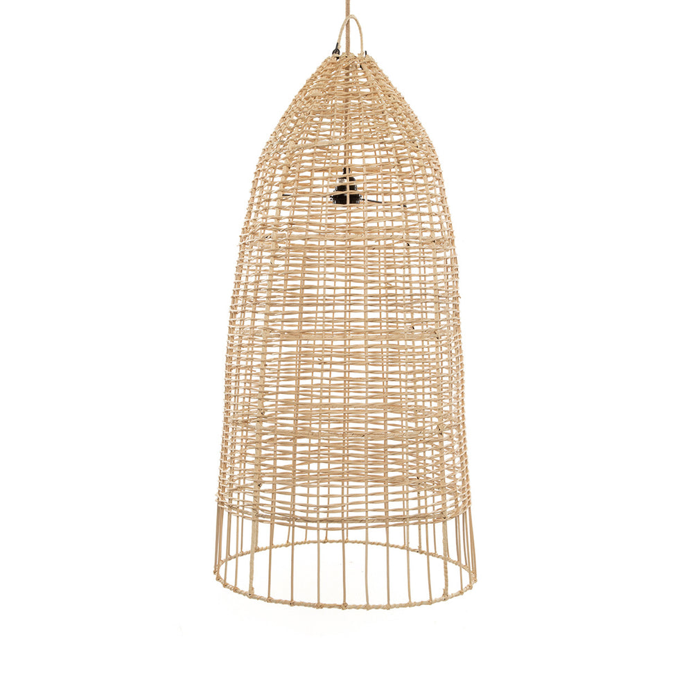 A large lighting pendant light in natural rattan, featuring a tall conical beehive silhouette with a beautifully wrapped rattan loop handle at its apex.