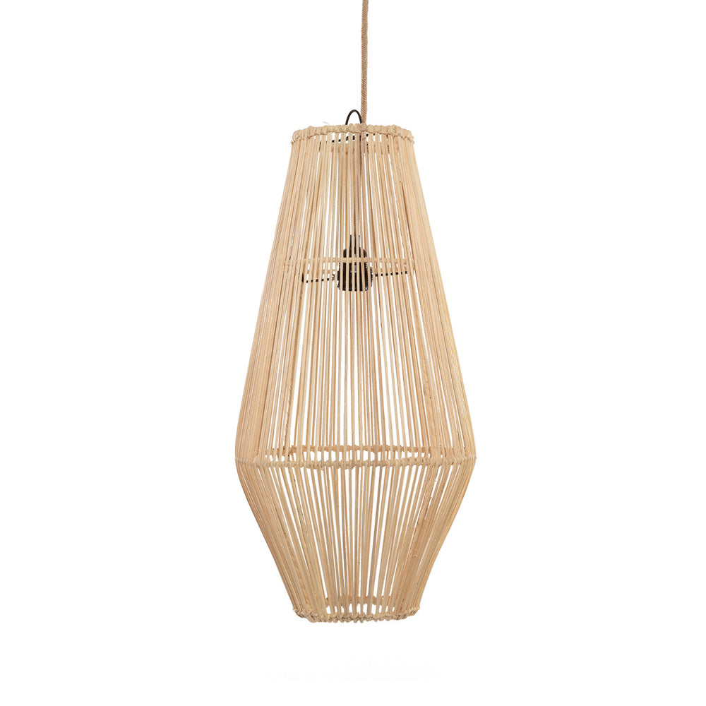 Medium rattan pendant light with natural sculptural shade as a hanging pendant light cover.
