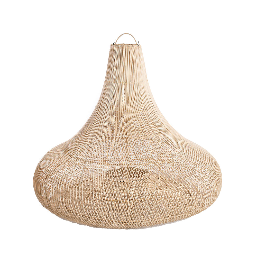 An onion shaped rattan lampshade in a large size with a natural hue.