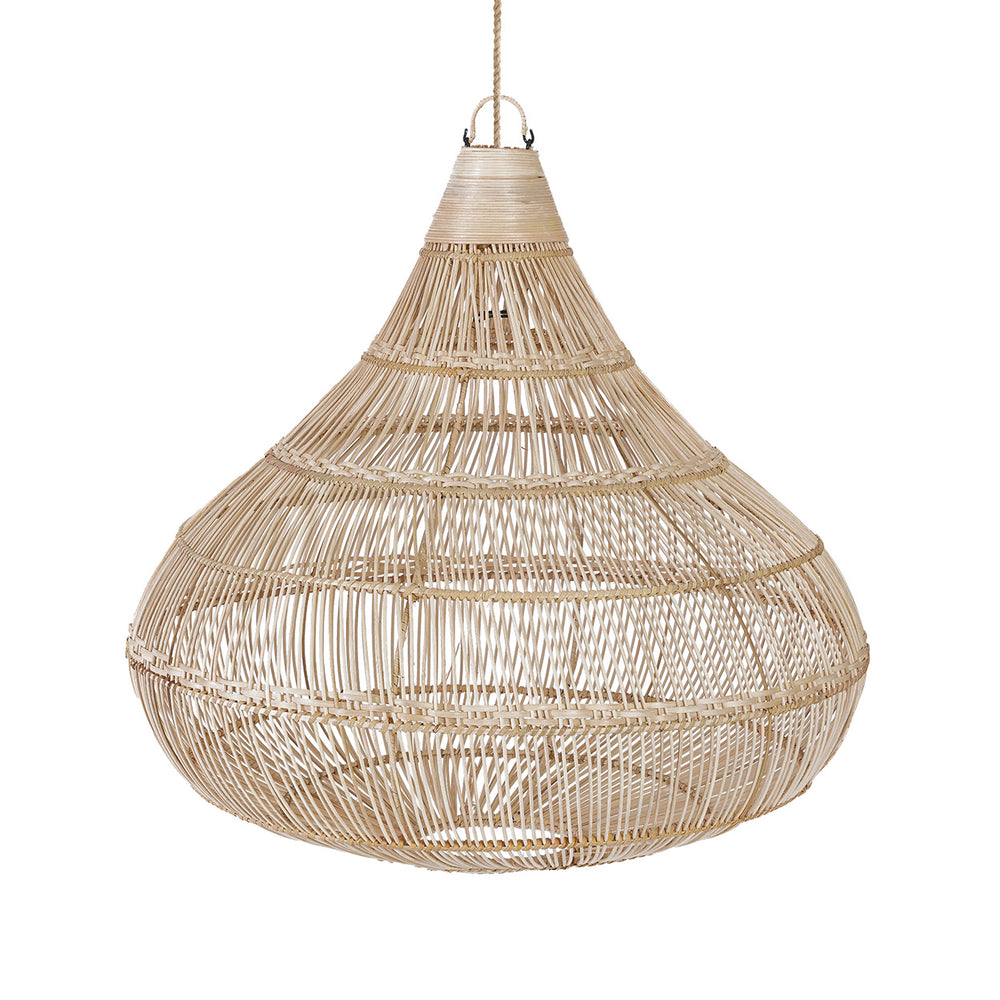 An elegant teardrop shaped light shade in a generous large size, handwoven from natural rattan in a warm, organic tone.