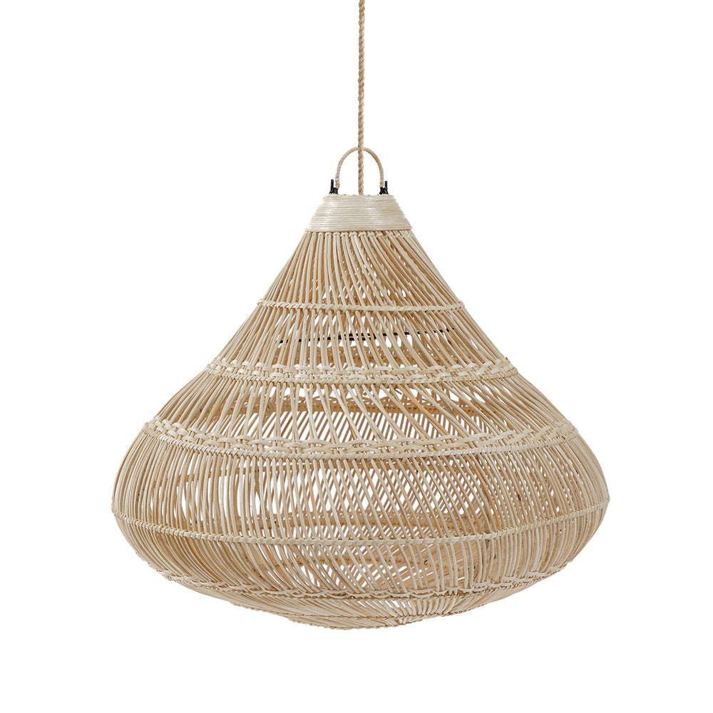 A wicker pendant lamp showcasing precise vertical and diagonal spacing in its handwoven rattan lattice.