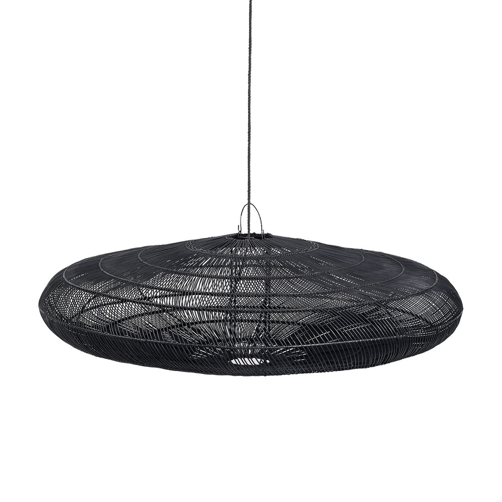 A black woven pendant lamp in a modern rustic style, echoing the shape of a macaron.