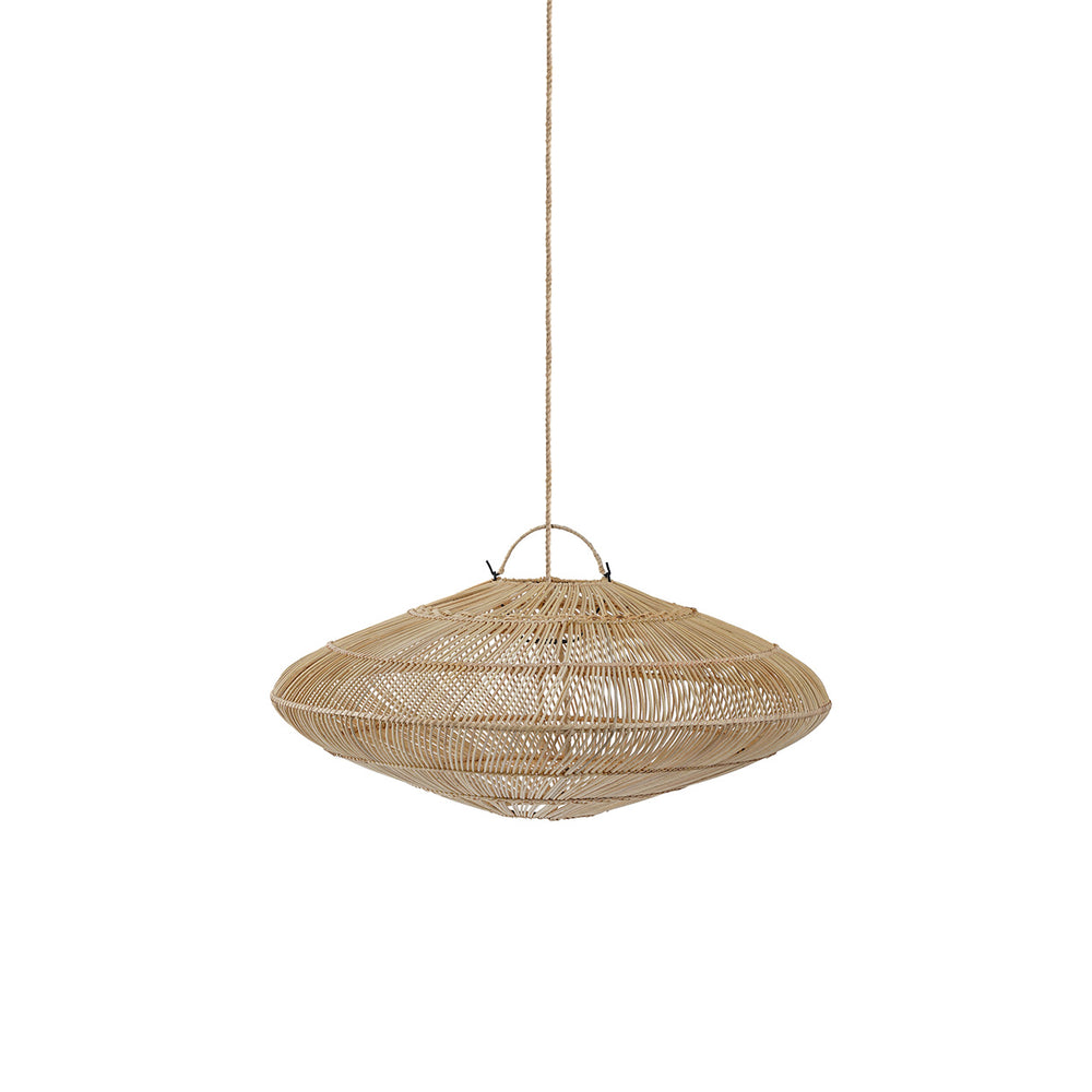 A pendant light rattan with a macaron-like shape, in a medium size.