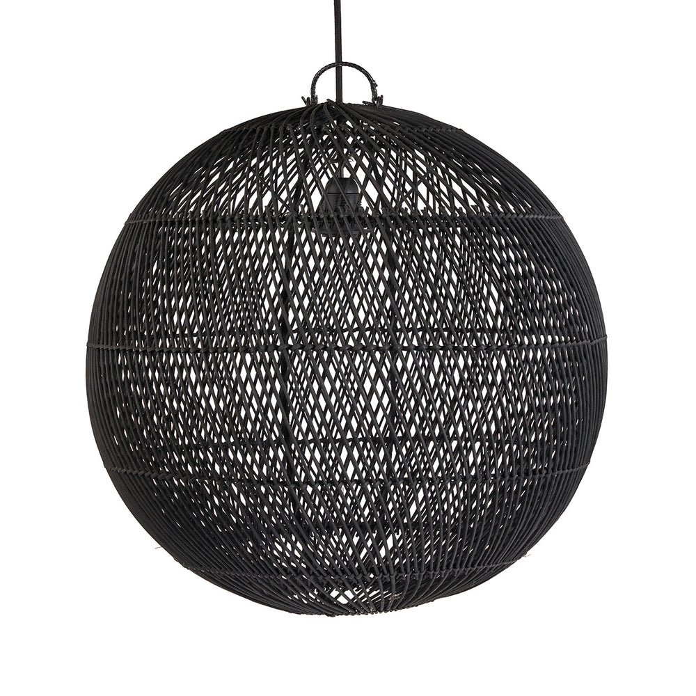 Woven lattice accent lighting in black, with a bubble shape, handcrafted from rattan by Indonesian artisans.