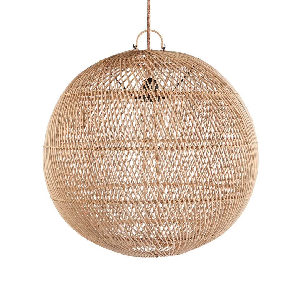 An organic modern woven ball pendant with an intricate lattice grid, handcrafted from natural rattan.