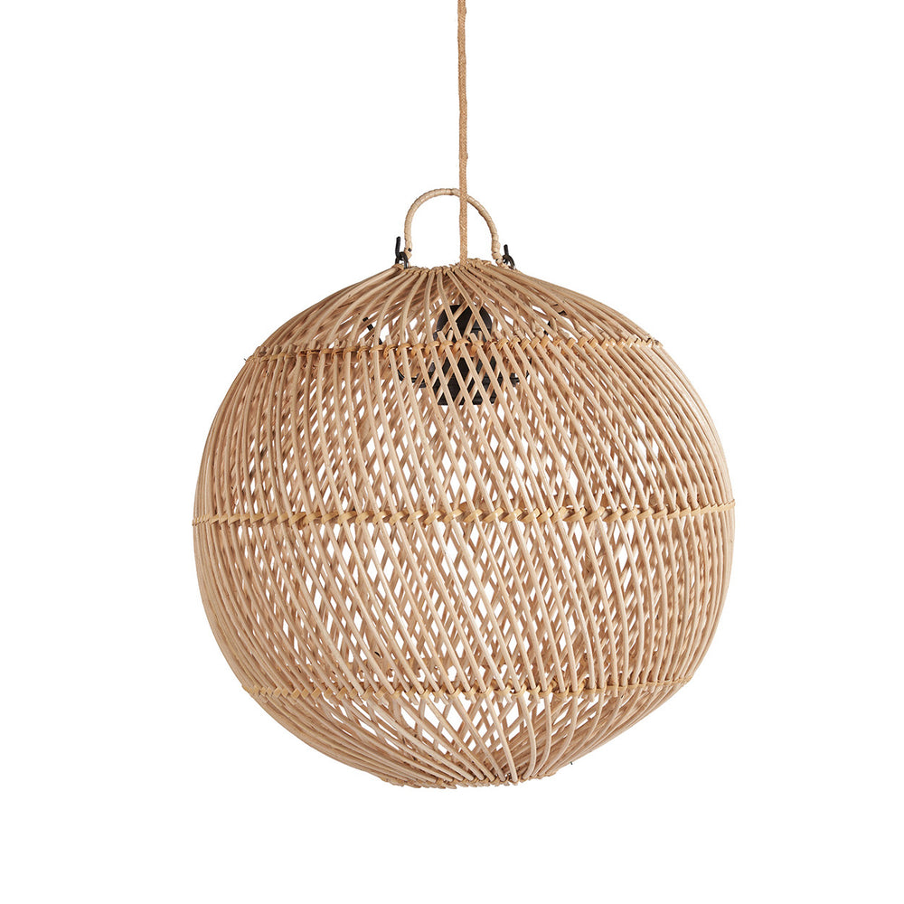 A small hanging pendant light in a spherical orb silhouette, handcrafted from natural rattan.