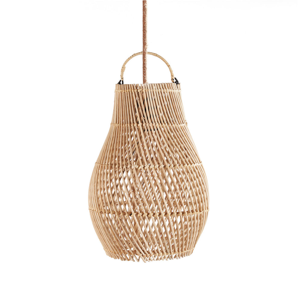 An organic modern accent pendant in a petite pear-shaped silhouette, handcrafted from natural rattan.