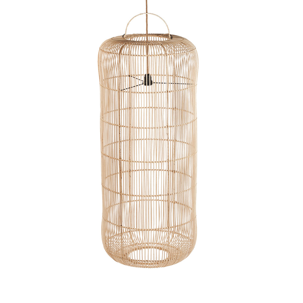 A long pendant light in an extra large size, handcrafted by artisans from natural rattan.